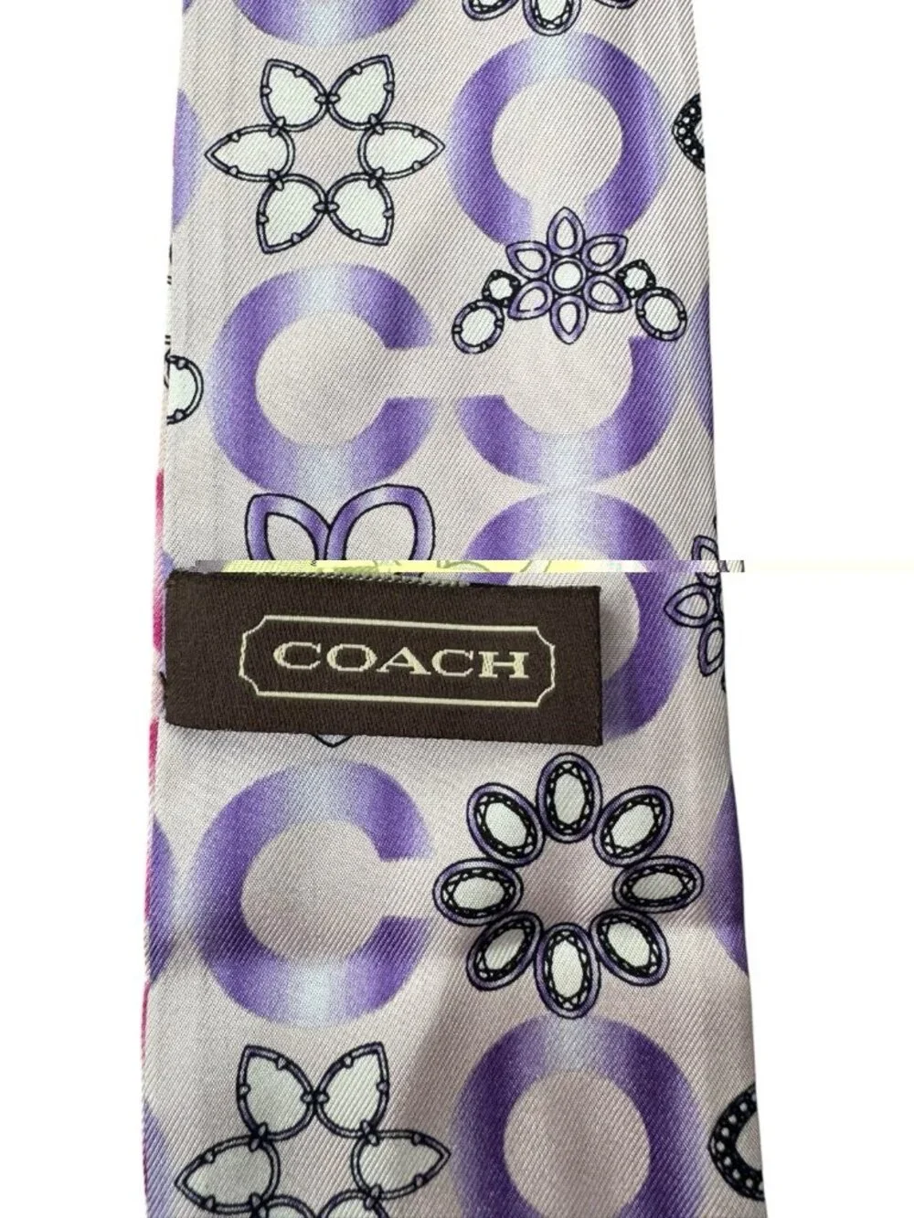 Coach 100% Silk Y2K Skinny Bag Hair Scarf Signature Logo Purple Pink Floral